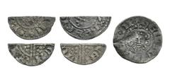 Coins - English Medieval English Medieval Coins - Henry III - Long Cross Penny and Cut Halves [5]. 1248-1272 AD. Group comprising: penny, class 3 (Henri at London); cut halfpennies (3); with a short c