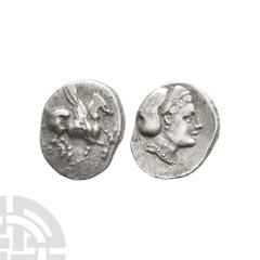 Coins - Greek Corinthia - Corinth - Pegasus AR Drachm. 400-388 B.C. Obv: Pegasus flying left, symbol before. Rev: head of Aphrodite right, wearing sakkos; monograms behind. BCD Corinth 174ff, SNG Cope