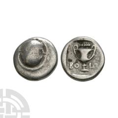 Coins - Greek Thebes - Boeotia - Shield AR Hemidrachm. 425-375 B.C. Obv: Boeotian shield. Rev: kantharos with ?? - ?? across fields; club above, within incuse square. BCD Boiotia 90. 2.43 grams. Ex UK
