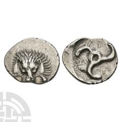 Coins - Greek Dynast of Lycia - Perikles - AR 1/3 stater. 380-360 B.C. Obv: facing lion's scalp. Rev: 'Perikle' in Lycian around triskele in circular incuse. Müseler VIII, 50-51; SNG von Aulock 4255. 