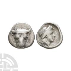 Coins - Greek Phokis - Federal Coinage - Artemis AR Triobol. 440-420 B.C. Obv: bull head facing. Rev: ?OKI with head of Artemis right, all within incuse square. Phokis - Federal Coinage - Artemis - AR