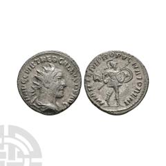 Coins - Roman Imperial Trebonianus Gallus - Mars AR Antoninianus. 151 A.D. Antioch mint. Obv: IMP C C VIB TREB GALLVS P F AVG legend with radiate and draped bust right. Rev: MARTEM PRPOVGNATOREM legen