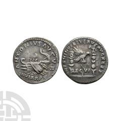 Coins - Roman Imperial Marcus Aurelius with Lucius Verus - Legion VI Restoration AR Denarius. 168-169 A.D. Rome mint. Obv: ANTONIVS AVGVR III R P C legend with galley left over waves. Rev: ANTONINVS E
