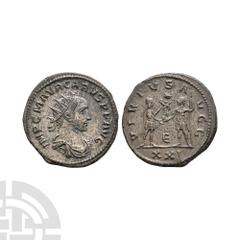 Coins - Roman Imperial Carus - Emperors Billon Antoninianus. 282 A.D. Antioch mint. Obv: IMP C M AVR CARVS P F AVG legend with radiate draped bust right. Rev: VIRTVS AVG legend with Carus and Carinus 