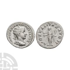Coins - Roman Imperial Gordian III - Liberalitas AR Antoninianus. 239 A.D. Rome mint. Obv: IMP GORDIANVS PIVS FEL AVG legend with radiate and draped bust right. Rev: LIBERALITAS AVG II legend with Lib
