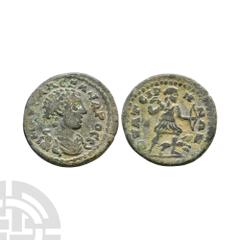 Coins - Roman Provincial Severus Alexander - Lydia Thyateira - Artemis Bronze. 222-235 A.D. Obv: M AYR ALEXANDROC K legend with laureate, draped and cuirassed bust right. Rev: QYATEIRHNWN legend with 