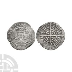 Coins - English Medieval Edward III - London - Pre Treaty Groat. 1354-1355 A.D. Series E. Obv: facing bust within tressure with +EDWARD D G REX ANGL Z FRANC D HYB legend. Rev: long cross and pellets w