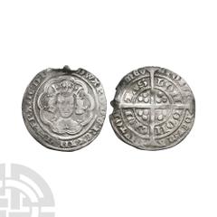 Coins - English Medieval Edward III - London - Pre Treaty Groat. 1351-1352 A.D. Series C. Obv: facing bust within tressure with +EDWARD D G REX ANGL Z FRANC D HYB legend. Rev: long cross and pellets w
