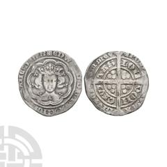 Coins - English Medieval Edward III - London - Pre Treaty Groat. 1351-1352 A.D. Series C. Obv: facing bust within tressure with +EDWARD D G REX ANGL Z FRANC D HYB legend. Rev: long cross and pellets w