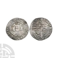 Coins - English Medieval Edward III - London - Pre Treaty Groat. 1351-1352 A.D. Pre Treaty, Series C. Obv: facing bust within tressure with +EDWARD D G REX ANGL Z FRANC D HYB legend. Rev: long cross a