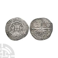 Coins - English Medieval Edward III - London - Pre Treaty Groat. 1351-1352 A.D. Pre Treaty, Series C. Obv: facing bust within tressure with +EDWARD D G REX ANGL Z FRANC D HYB legend. Rev: long cross a