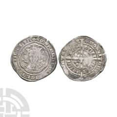 Coins - English Medieval Edward III - London - Pre Treaty Groat. 1354-1355 A.D. Pre Treaty, Series E. Obv: facing bust within tressure with +EDWARD D G REX ANGL Z FRANC D HYB legend. Rev: long cross a