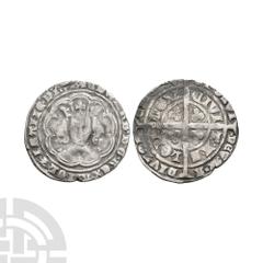 Coins - English Medieval Edward III - London - Pre Treaty Groat. 1356-1361 A.D. Series Gg. Obv: facing bust within tressure with +EDWARD D G REX ANGL Z FRANC D HYB legend. Rev: long cross and pellets 