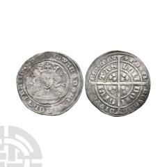 Coins - English Medieval Edward III - London - Pre Treaty Groat. 1354-1355 A.D. Pre Treaty, Series E. Obv: facing bust within tressure with +EDWARD D G REX ANGL Z FRANC D HYB legend. Rev: long cross a