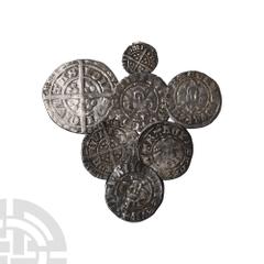 Coins - English Medieval Edward I to Henry VII - Mixed Types Group [7]. 13th-15th century A.D. Group comprising: long cross pennies (4); Edward I, farthing; Edward III, groat and Henry VII, halfgroat.