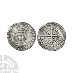 Coins - English Medieval Edward III - London - Pre Treaty Groat. 1354-1355 A.D. Pre Treaty, series E. Obv: facing bust within tressure with EDWARD D G REX ANGL Z FRANC D HYB legend. Rev: long cross an