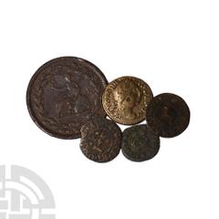 Tokens 17th Century - Token Farthings and Others [4]. 17th-18th century A.D. Group comprising: Charles I, rose farthing (1); 17th century token farthings (2), Brutus token halfpenny and brass coin wei