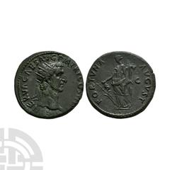 Coins - Roman Imperial Nerva - Fortuna AE Dupondius September-December 97 A.D. Rome mint. Obv: IMP NERVA CAES AVG P M TR P COS III P P legend with radiate bust right. Rev: FORTVNA AVGVST legend with F