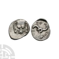Coins - Greek Lycia - Trbbenimi - Triskele AR 1/3 Stater 390-375 B.C. Obv: facing lion's scalp. Rev: Lycian script Trbbenimi around triskeles rotating left, all within incuse square. Museler 25; SNG C