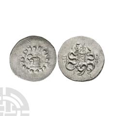 Coins - Greek Pergamon - AR Tetradrachm 123-67 B.C. Obv: cista mystica with serpent emerging, all within ivy wreath. Rev: bowcase between two coiled serpents; PER monogram to left, WPLY monogram above