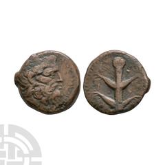 Coins - Greek Cyrenaica - Cyrene - Zeus Ammon Bronze Circa 250 B.C. Obv: head of Zeus Ammon right. Rev: silphium plant. Cf. BMC Cyrenaica p.69, 6; cf. SNG Cop 1276. 9.15 grams. . Property of a Cambrid