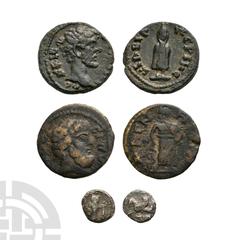 Coins - Greek Lydia and Tyre - AR and AE Issues [3] 1st century B.C.-2nd century A.D. Group comprising: Phoenicia, Tyre, hippocamp and owl, AR obol; Lydia Magnesia, Asklepios AE; Lydia, Marcus Aureliu
