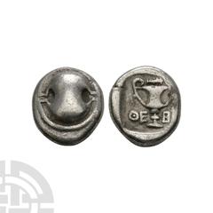Coins - Greek Thebes - Boeotia - Shield AR Hemidrachm 425-375 B.C. Obv: Boeotian shield. Rev: kantharos, with OE - B across fields; club above, within incuse square. BCD Boiotia 408; HGC 4, 1348. 2.52