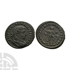 Coins - Roman Imperial Constantine I (the Great) - Mars AE Follis 307-308 A.D. Trier mint. Obv: IMP CONSTANTINVS P F AVG legend with laureate, draped and cuirassed bust right. Rev: MARTI PATRI CONSERV