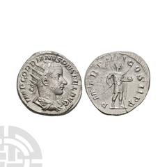 Coins - Roman Imperial Gordian III - Emperor Standing AR Antoninianus 241-242 A.D. Rome mint. Obv: IMP GORDIANVS PIVS FEL AVG legend with radiate and draped bust right. Rev: P M TR P IIII COS II P P l