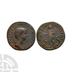 Coins - Roman Imperial Antonia - Claudius Standing AE Dupondius 42 A.D. Struck under Claudius, mother of Claudius, Rome mint. Obv: ANTONIA AVGVSTA legend with draped bust right. Rev: TI CLAVDIVS CAESA