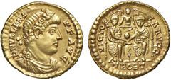 Roman coins Valens (364-378 AD) Empire. Solidus, n.d.. , pearl-diademed, draped and cuirassed bust right, two emperors (Valens and Gratian) seated facing. Au. Treveri 4,42 Ric 39b XF