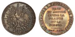 Alexander I° Pattern 2 Francs An 9 (1801). 10.44 gm. By Tiolier. To Commemorate Peace between Russia and France. Silver. Edge 10. Bit 1 (R2). Radiant rooster standing left on an hourglass within wreat