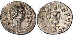 Roman coins Republic M. Junius Brutus (42 BC) Denarius Military mint traveling with Brutus and Cassius in western Asia Minor or Greece.Laureate head of Apollo right ( countermark) / Trophy composed of