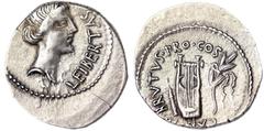 Roman coins Republic M. Junius Brutus (42 BC) Denarius Q.Caepio Brutus (formerly Junius Brutus)Military mint traveling with Brutus in Lycia, spring / summer 42 BC.Bare head of Libertas / plectrum, lyr
