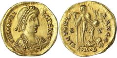 Roman coins Empire Honorius (393-423 AD) Solidus n.d. Ravenna D N HONORIVS P F AVG Pearl-diademed, draped and cuirassed bust of Honorius to right. Honorius standing right, with his left foot set on ca