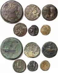 Roman coins Empire Lot 6 pcs.: Anonymous issue (157-155 BC) Janus Asse + Anonymous issue (ca. 91 BC) Semisse + Augustus with Agrippa (27 BC-14 AD) Dupondius of Nemausus/Nimes + Hieron II (275-215 BC) 