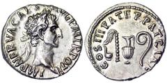 Roman coins Empire, Nerva (96-98 AD) Denarius Rome laureate head of Nerva to right, IMP NERVA CAES AVG P M TR POT II / COS III PATER PATRIAE, priestly emblems. Ag. RIC 34. 3.52 g. R A.UNC