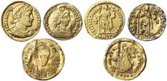 Roman coins Empire, Solidus 3 pcs.: Valentinianus I (364-375) Antiochia, 4 gramm.Valentinianus III (425-455) 3,8 gramm. Theodosius II (408-450) 4,4 gramm. All with defects. Ex Dorotheum. Au.