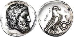 Greek coins Elis Olympia Stater 332 BC 112th Olympiad. Laureate head of Zeus to right / Eagle with wings closed standing to right. F A across upper fields, thunderbolt to left, H in inner right field.