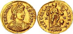 Coins - Ancient World Roman Empire Honorius Solidus 402 - 423 AD Ravenna Mint RIC X# 1287, N# 92872; Gold 4.43 g.; Obv: DNHONORIVSPFAVG - Diademed (pearls), draped and cuirassed bust right. Rev: VICTO