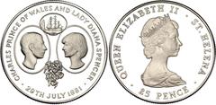 Coins - Africa Saint Helena 25 Pence 1981 KM# 9a, N# 106602; Silver., Proof; Elizabeth II; Wedding of Prince Charles and Lady Diana; Mintage: 30000 pcs.