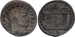 Coins - Ancient World Roman Empire Maxentius Follis 309 AD RIC# 126; Bronze 6.63 g.; Obv: IMPCMAXENTIVSPFAVG - Laureate and bearded head right. Rev: CONSERVVRBSVAE Exe: S - Temple with six columns, Ro