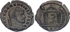 Coins - Ancient World Roman Empire Maxentius Follis 308 - 310 AD RIC# 210; Bronze 6.67 g.; Obv: IMPCMAXENTIVSPFAVG - Laureate head right. Rev: CONSERVVRBSVAE Exe: RBT - Temple with six columns; Roma s