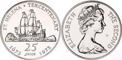Coins - Africa Saint Helena 25 Pence 1973 KM# 5a, N# 21869; Silver; Elizabeth II; Tercentenary of restored British Rule; Mintage 10259 pcs.; UNC with minor hairlien