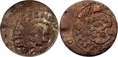 Coins - Europe Livonia Riga 1 Solidus 1660 Imitating Christina KM# 21, N# 41643; Copper; Suceava counterfeit; Date read as 166(0); The exact lettering of the surrounding legend may vary. In 1662, unde