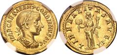 Coins - Ancient World Roman Empire Gordian III AV Aureus 240 AD (ND) NGC AU Strike: 5/5, Surface: 4/5 RIC# 42, Calico# 3205; Gold 4.88 g; Gordian III (AD 238-244); Rome Mint; The obverse features a la