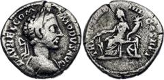 Coins - Ancient World Roman Empire Commodu Denarius 180 AD RIC III# 6B, N# 265150; Silver 2.09 g.; Obv: Bust of Commodus, laureate, drapery on left shoulder, right. M COMMODVS ANTONINVS AVG. Rev: Fort