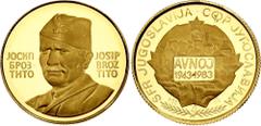 Coins - Europe Yugoslavia Gold Medal "Broz Tito - 40th Anniversary of 2nd AVNOJ Meeting in Jajce" 1983 N# 381912; Gold (.900) 4.02 g., 20 mm., Proof; Obv: ЈОСИП / БРОЗ / ТИТО - JOSIP / BROZ / TITO. Bu