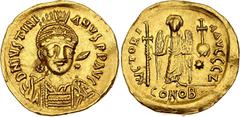 Coins - Ancient World Byzantium Justinian I 1 Solidus 527 - 538 AD BCV# 140, N# 120628; Gold 4.35 g.; Justinian I; Obv: Helmeted and cuirassed bust facing, holding cross on globe and shield. D N IVSTI