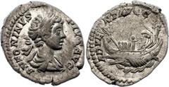 Coins - Ancient World Roman Empire Caracalla Deanrius 201 AD (ND) Galley RIC# 120, N# 273186; Silver 3.23 g.; Obv: ANTONINVS PIVS AVG. Laureate and draped bust right. Rev: ADVENT AVGG. Galley left, wi